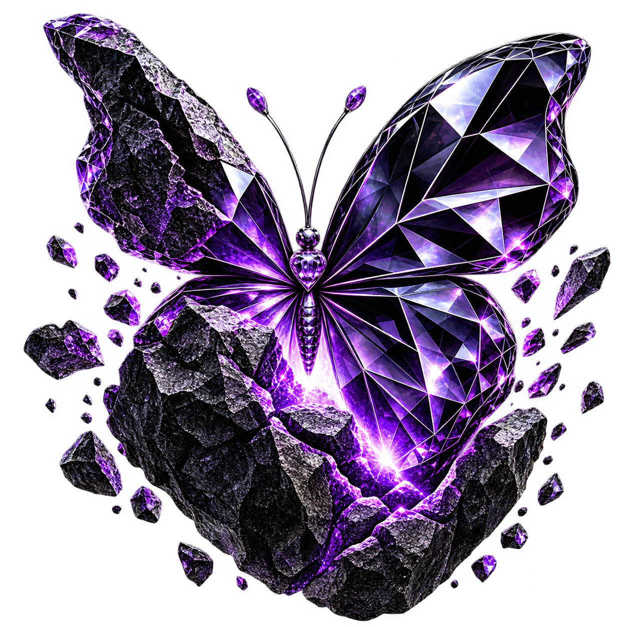 NAH 11 logo: a faceted purple diamond butterfly rising from broken stone