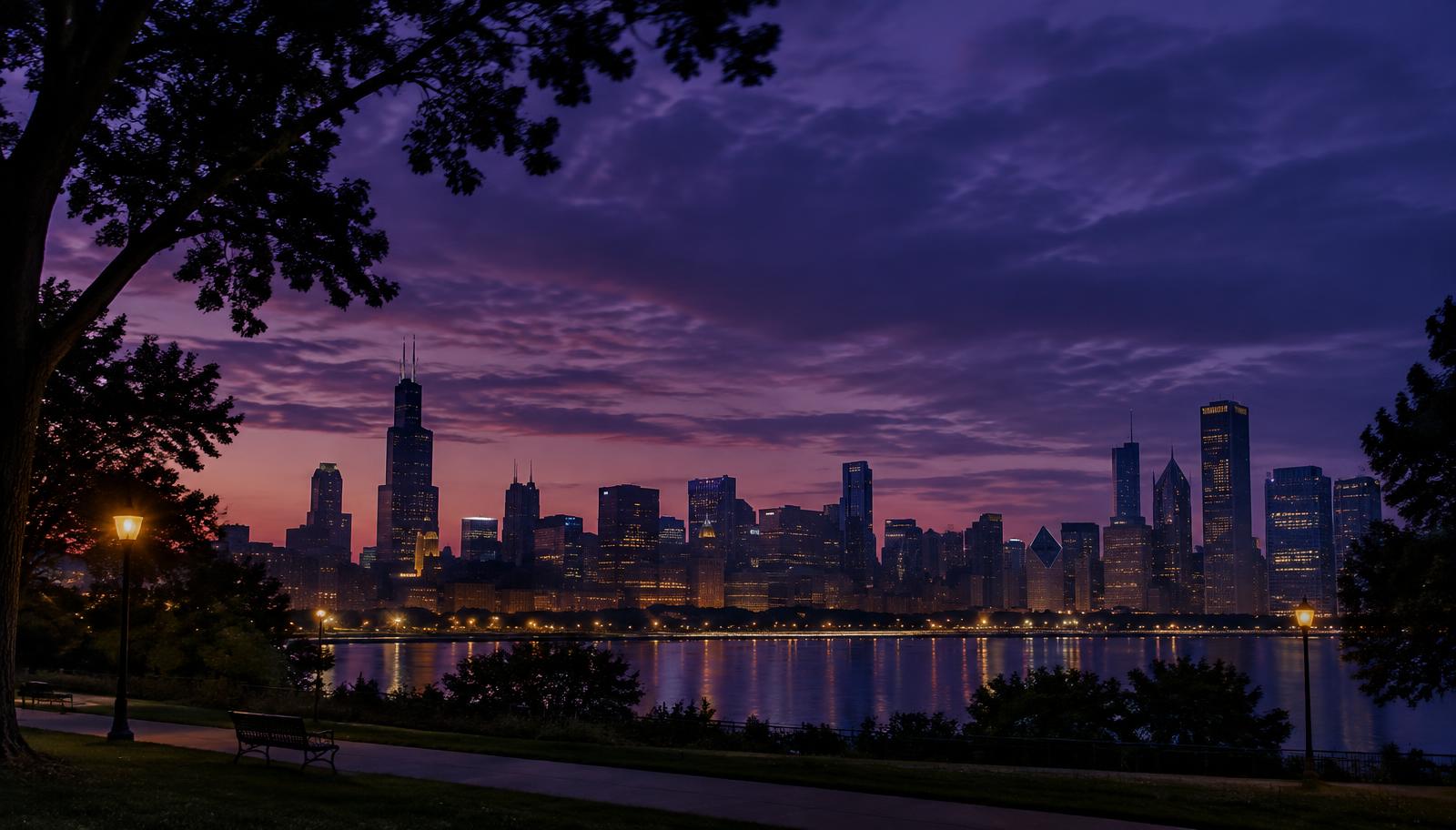 Chicago skyline at dusk seen from a lakefront park
