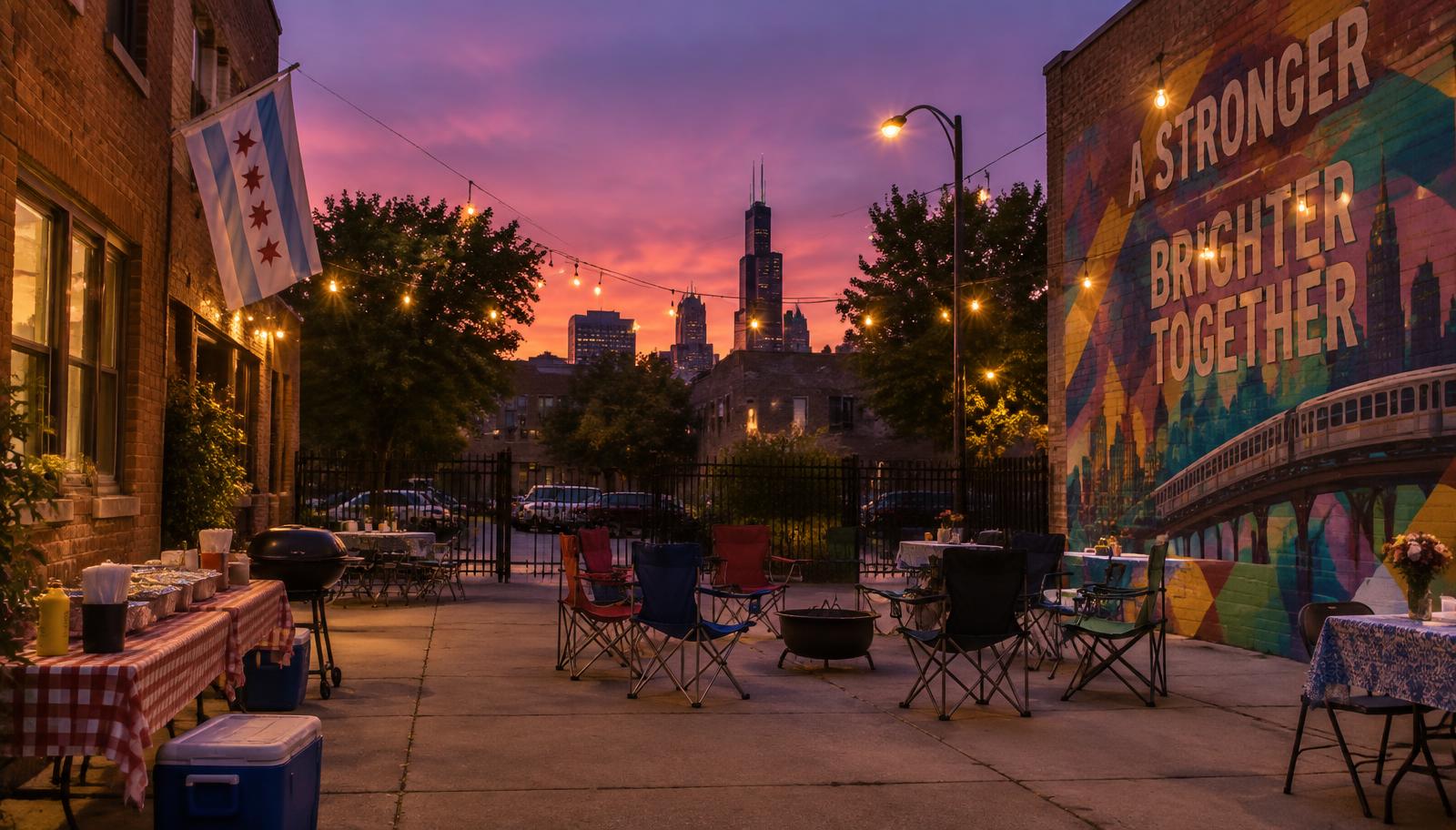 A Chicago block gathering at dusk with string lights, chairs and a community mural