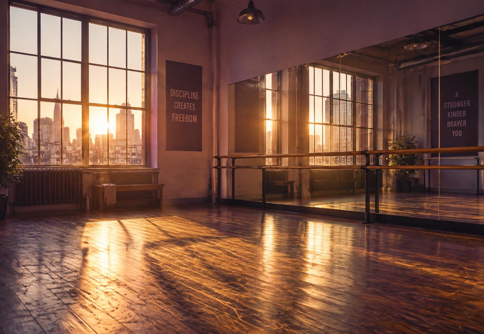 Sunlit dance studio in Chicago with a wooden floor and mirrored wall