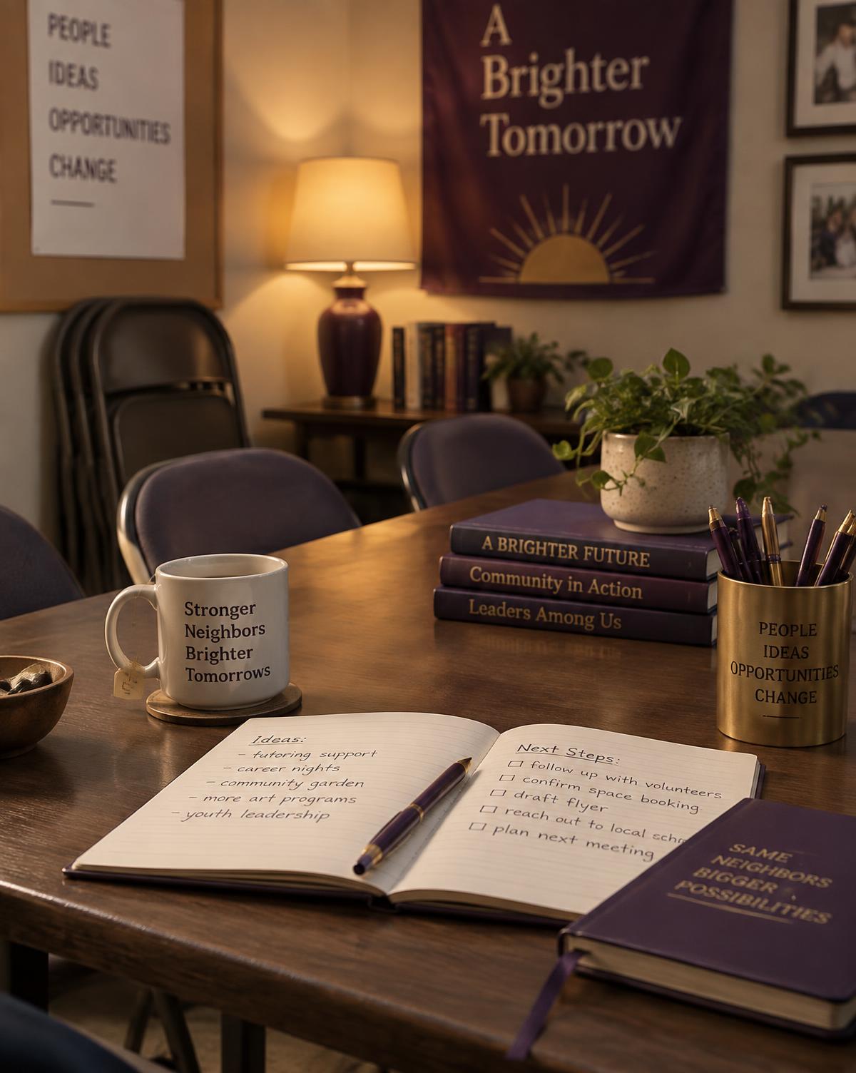 A community room set up for a mentoring session, notebooks and chairs around a table